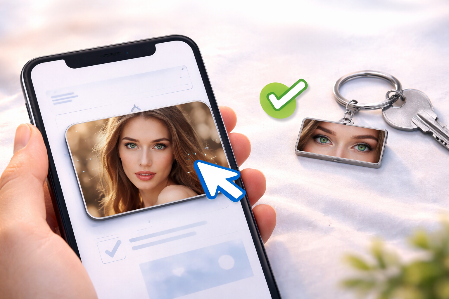 image of a silver keychain featuring a woman's eyes, next to a smartphone that shows a photo of the same woman, and a checkmark icon between them. this demonstrates Eterna's patented cropping technology. customers appreciate that they don't need to spend time editing their own images; we do it for them.