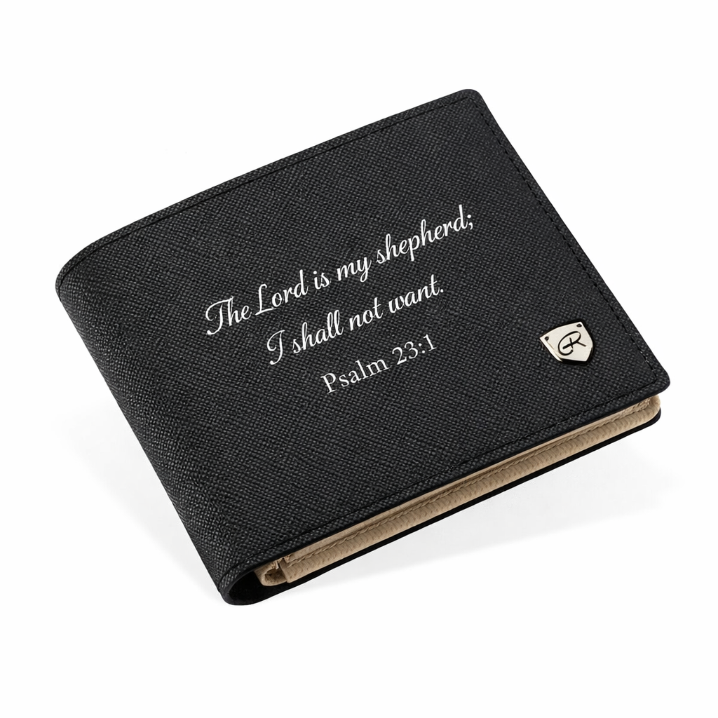 a black textile wallet with a cream-colored leather interior featuring a bible verse that reads "The Lord is my shepherd; I shall not want. Psalm 23:1" the customer has the option to choose any bible verse that speaks to them