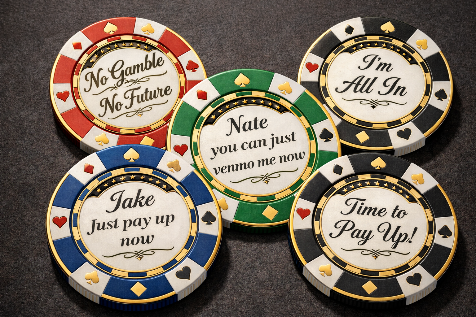 a variety of poker chips with custom phrases printed on them