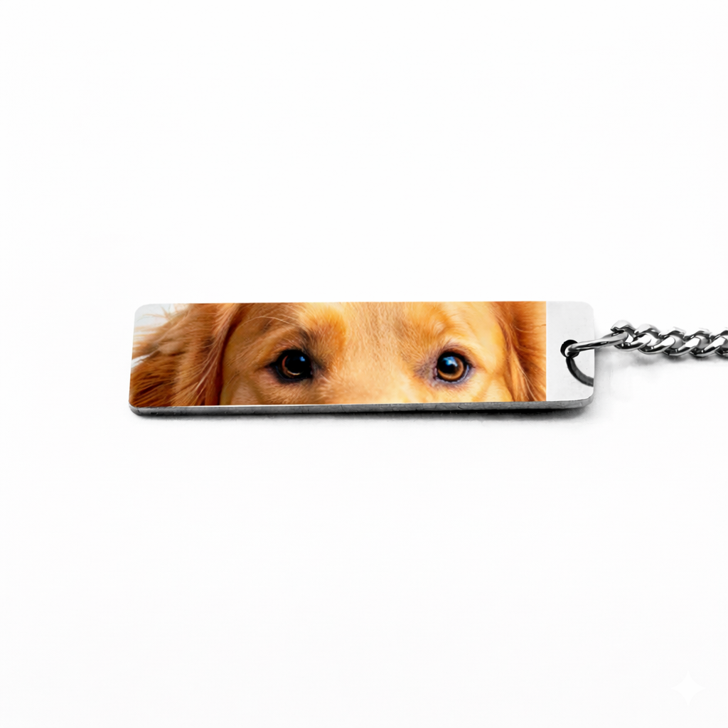 a silver keychain pendant featuring the eyes of a pet dog in full vibrant color