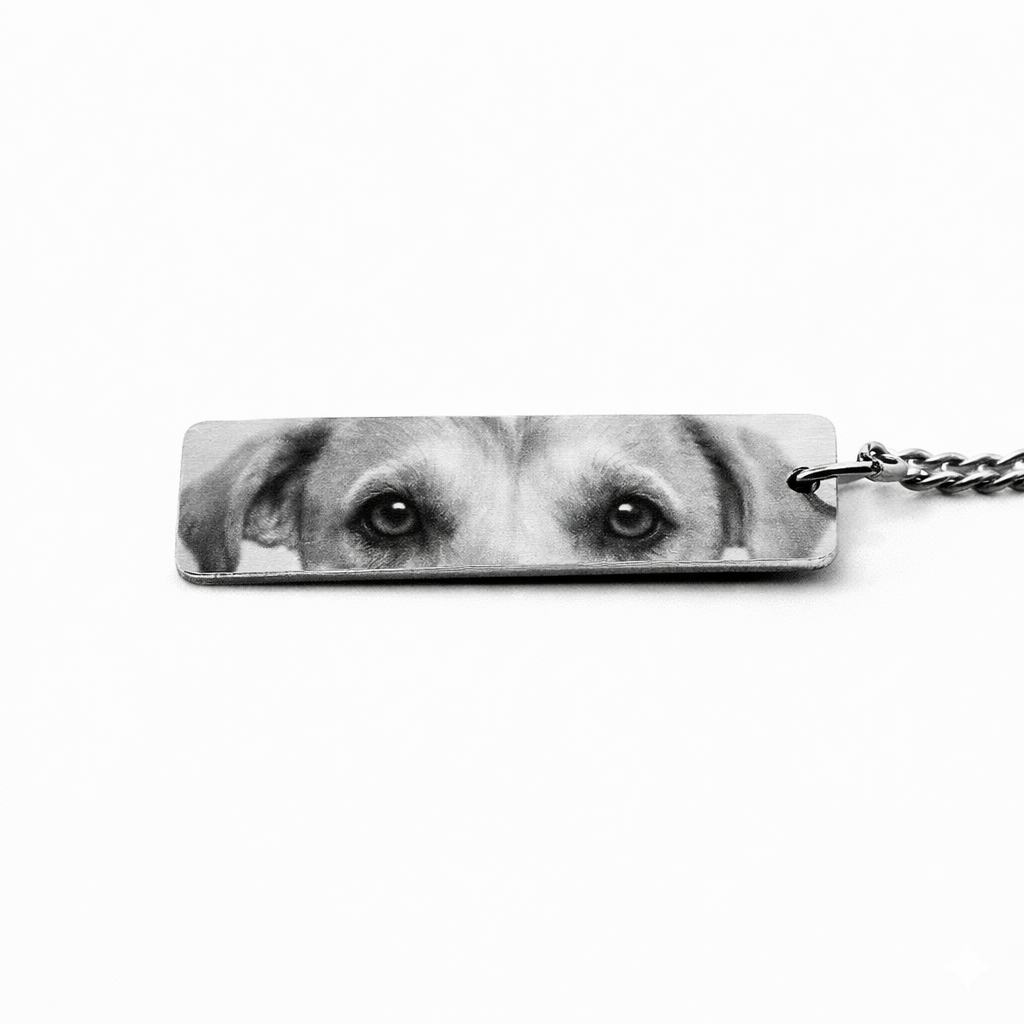 a silver keychain pendant featuring the eyes of an adult retriever (greyscale)