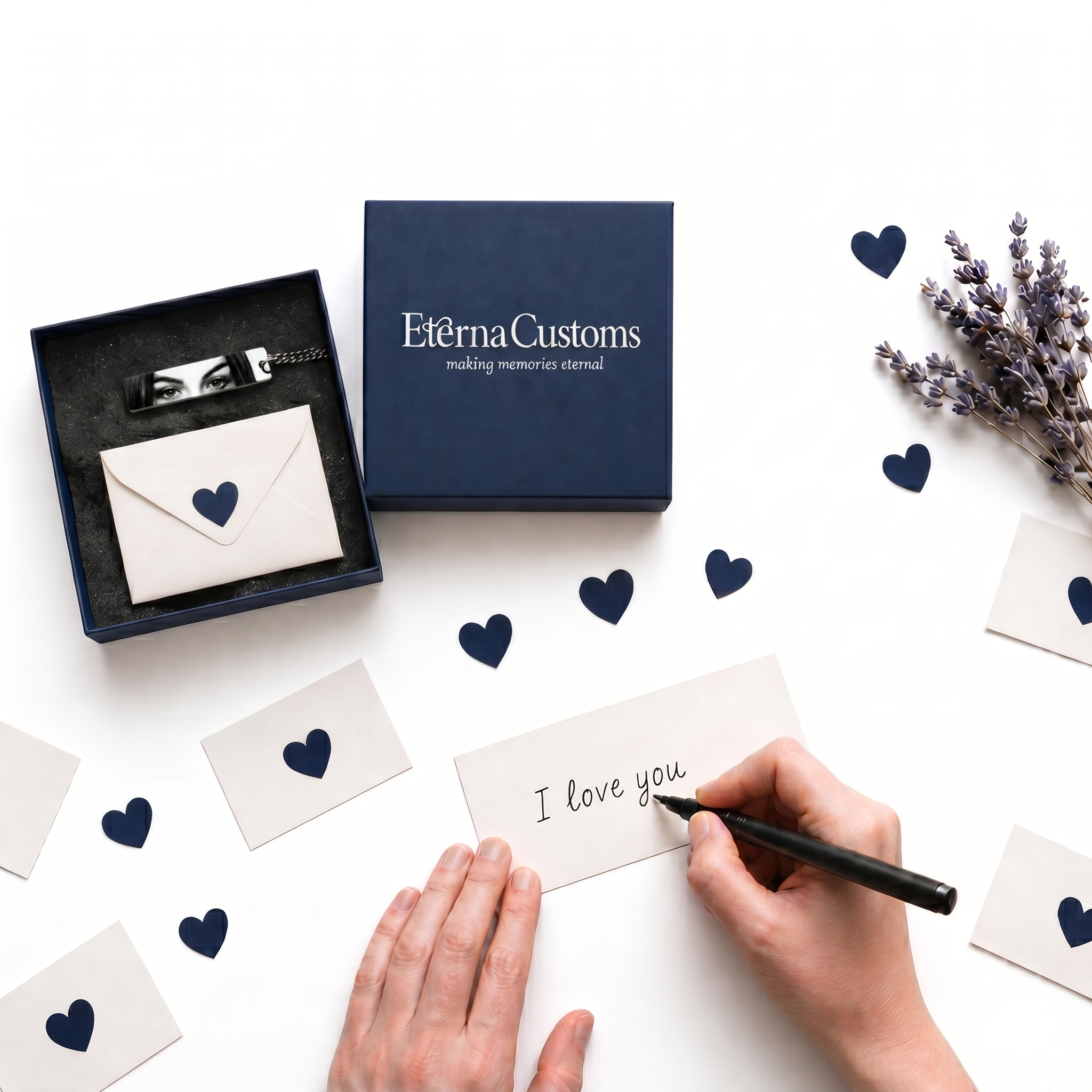 a blue Eterna Customs gift box, open, with a custom eye keychain and mini love note inside. a hand writing "I love you" on a note beside it