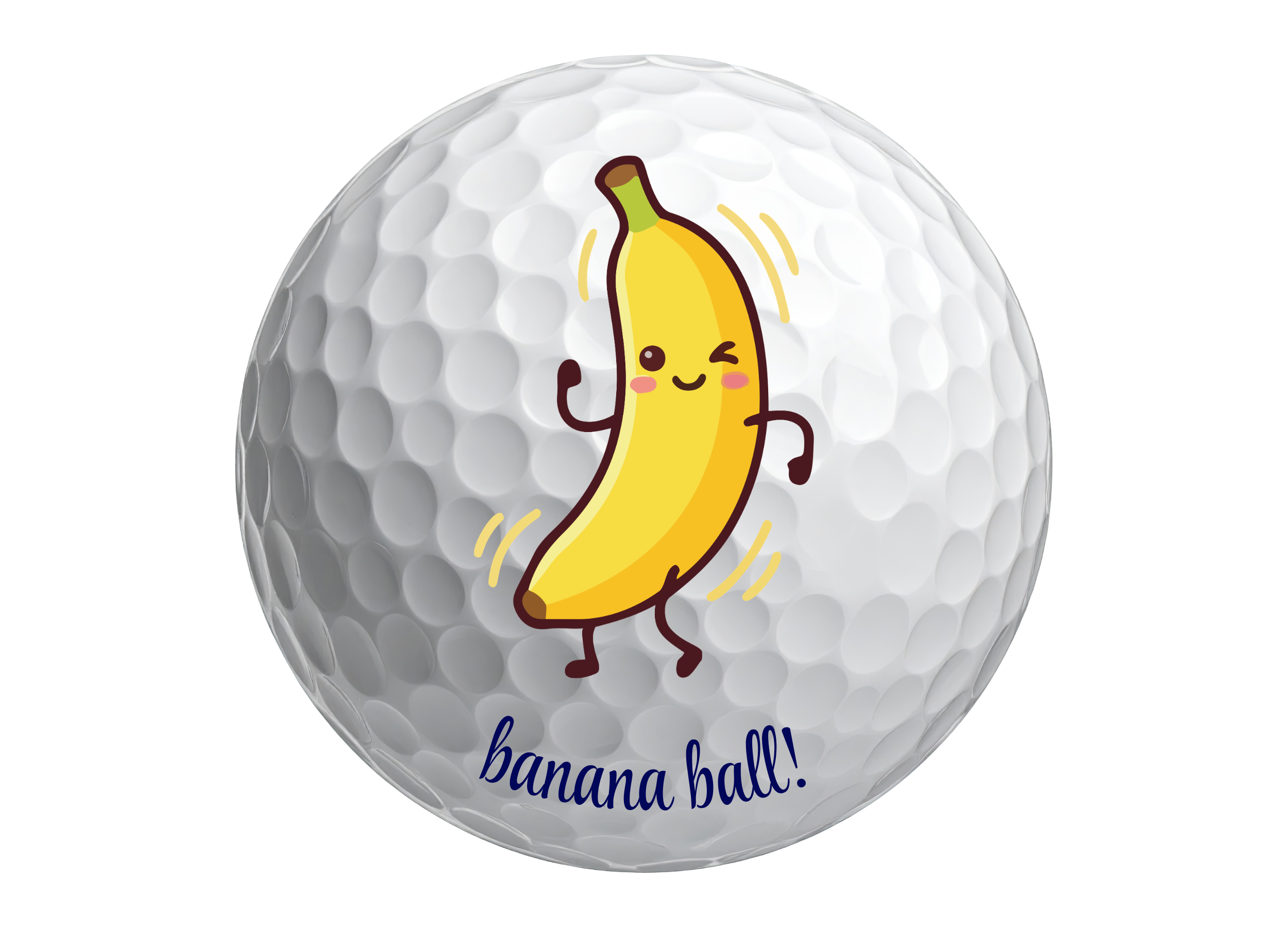 a cartoon banana printed onto a golf ball with custom text that reads "banana ball!"
