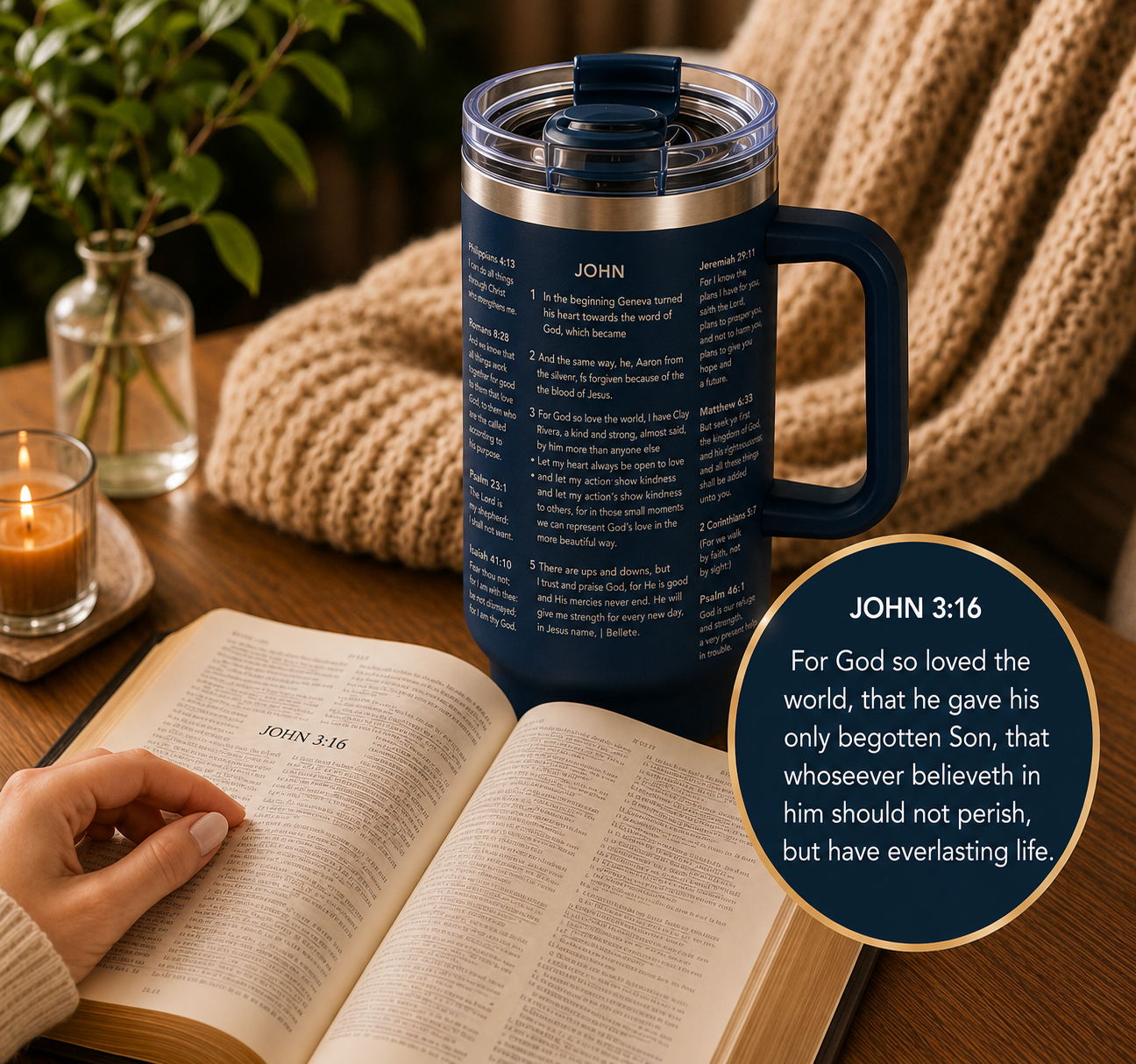 a navy blue tumbler with the entirety of a bible verse engraved on it, encompassing all sides