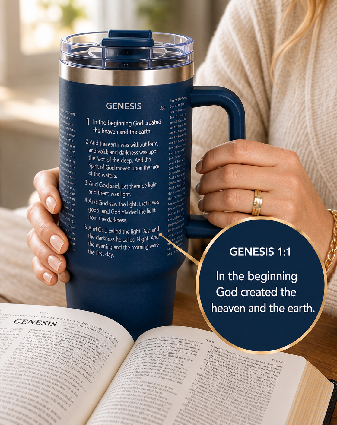 a navy blue tumbler with the entirety of a bible verse engraved on it, encompassing all sides