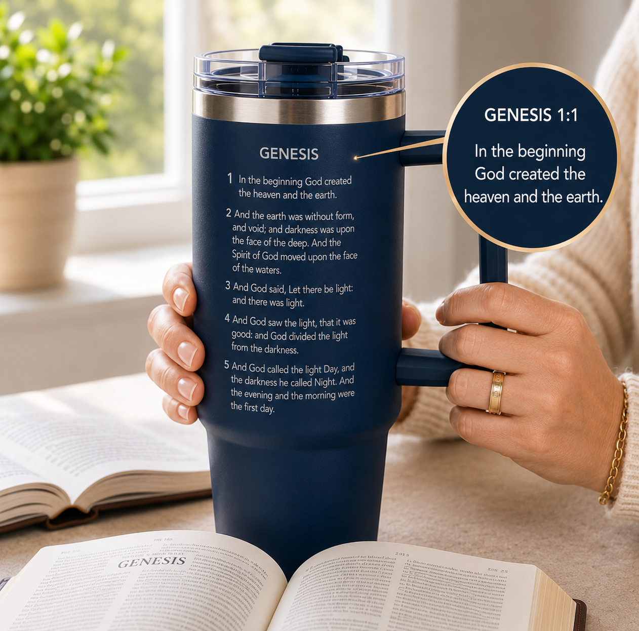 a navy blue tumbler with the entirety of a bible verse engraved on it, encompassing all sides