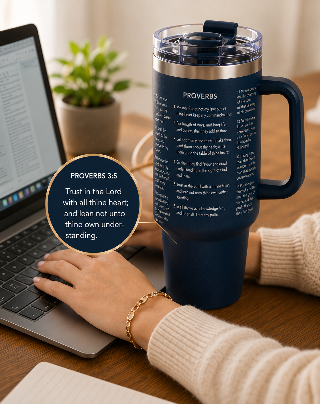 a navy blue tumbler with the entirety of a bible verse engraved on it, encompassing all sides