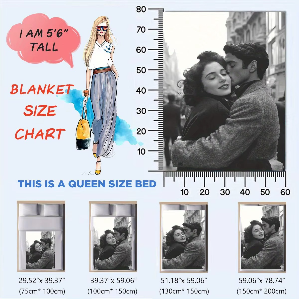 a size chart demonstrating the fit of different sizes of blanket as compared to a queen size bed