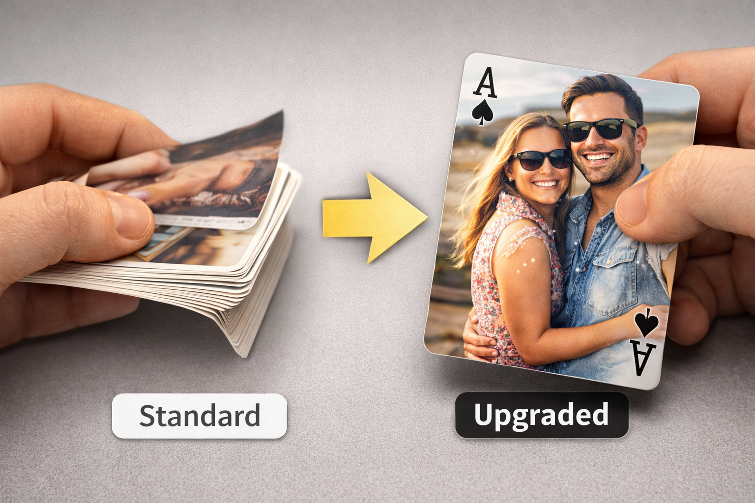 a before and after demonstrating weak, soft playing cards vs a heavier stock that is stronger and less flexible.