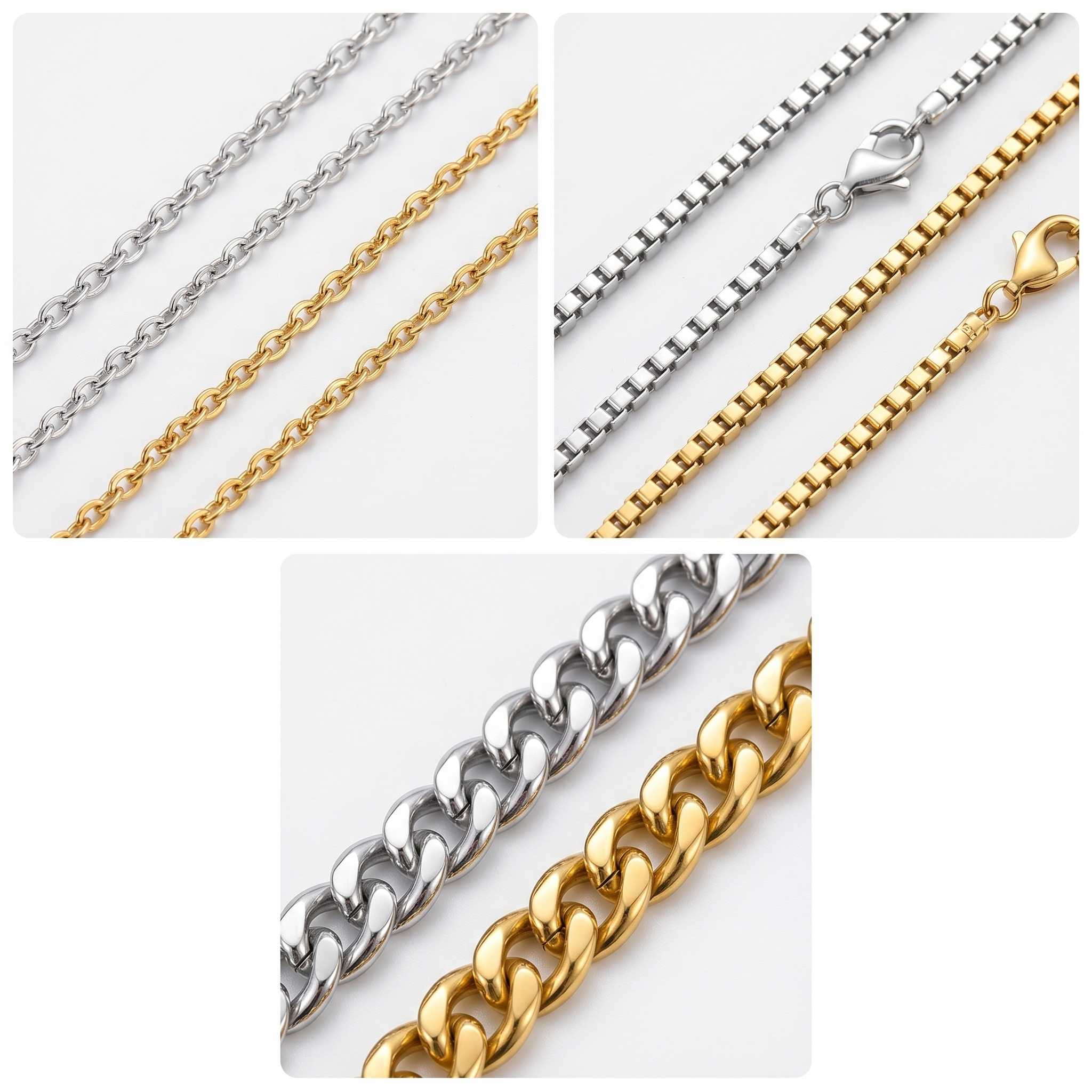several necklace or bracelet chain types in both gold and silver