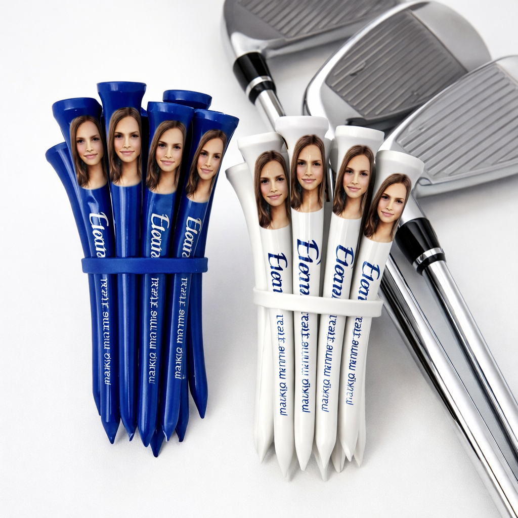 golf tees with a photo of a young woman at the top, Eterna Customs' logo in the middle, and custom text at the bottom; staged alongside some golf clubs