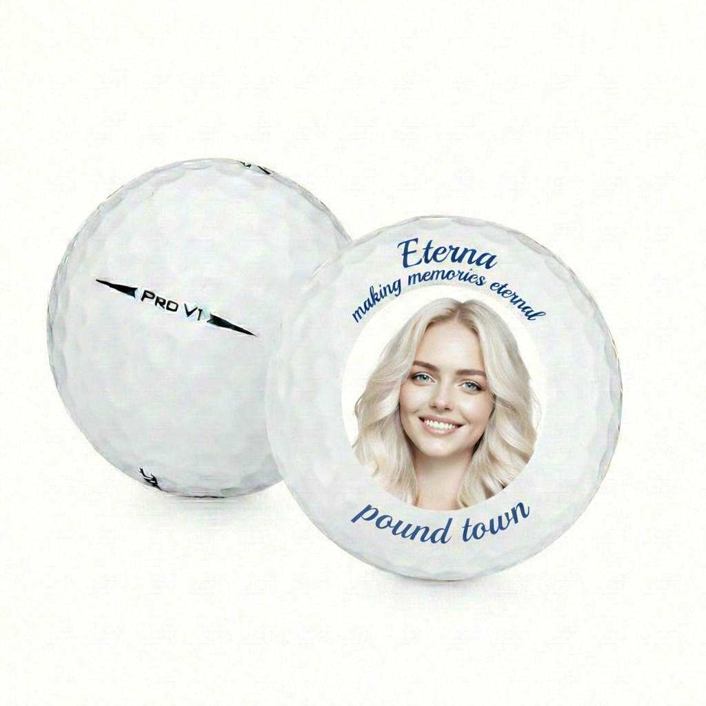 a golf ball featuring a photo of a young blonde woman and blue custom text that reads "pound town"