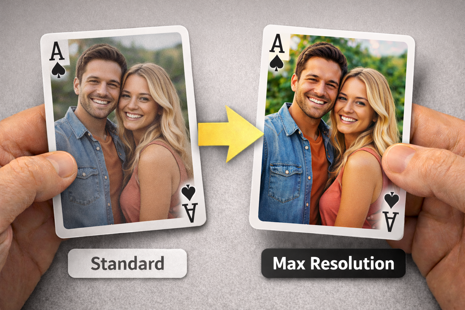 a before and after demonstrating a dull and soft image being edited into a vibrant and sharp image on custom playing cards