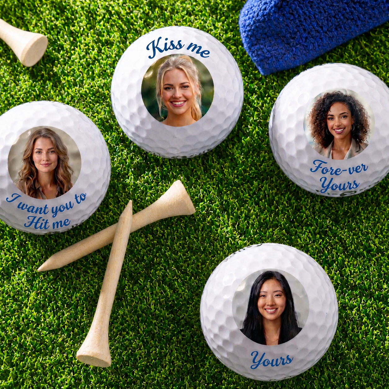 four golf balls with photos of different women and varying custom text