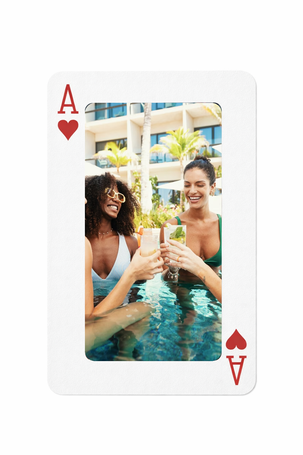 an ace of hearts playing card with the face replaced by a photo of a few girls having drinks in a pool