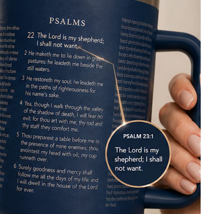 a closeup of a navy blue tumbler with the entirety of a bible verse engraved on it, encompassing all sides