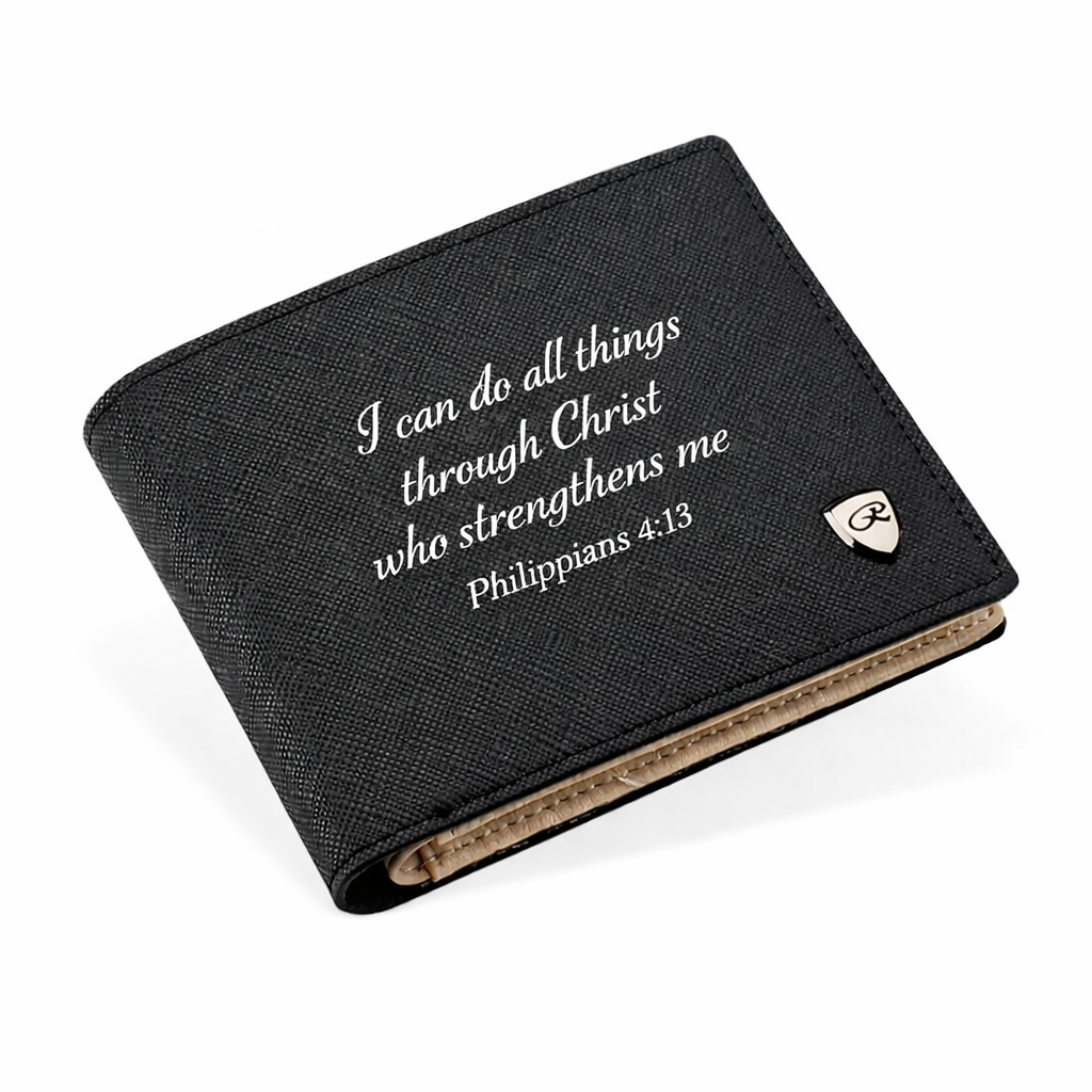 a black textile wallet with a cream-colored leather interior featuring a bible verse that reads "I can do all things through Christ who strengthens me. Philippians 4:13" the customer has the option to choose any bible verse that speaks to them