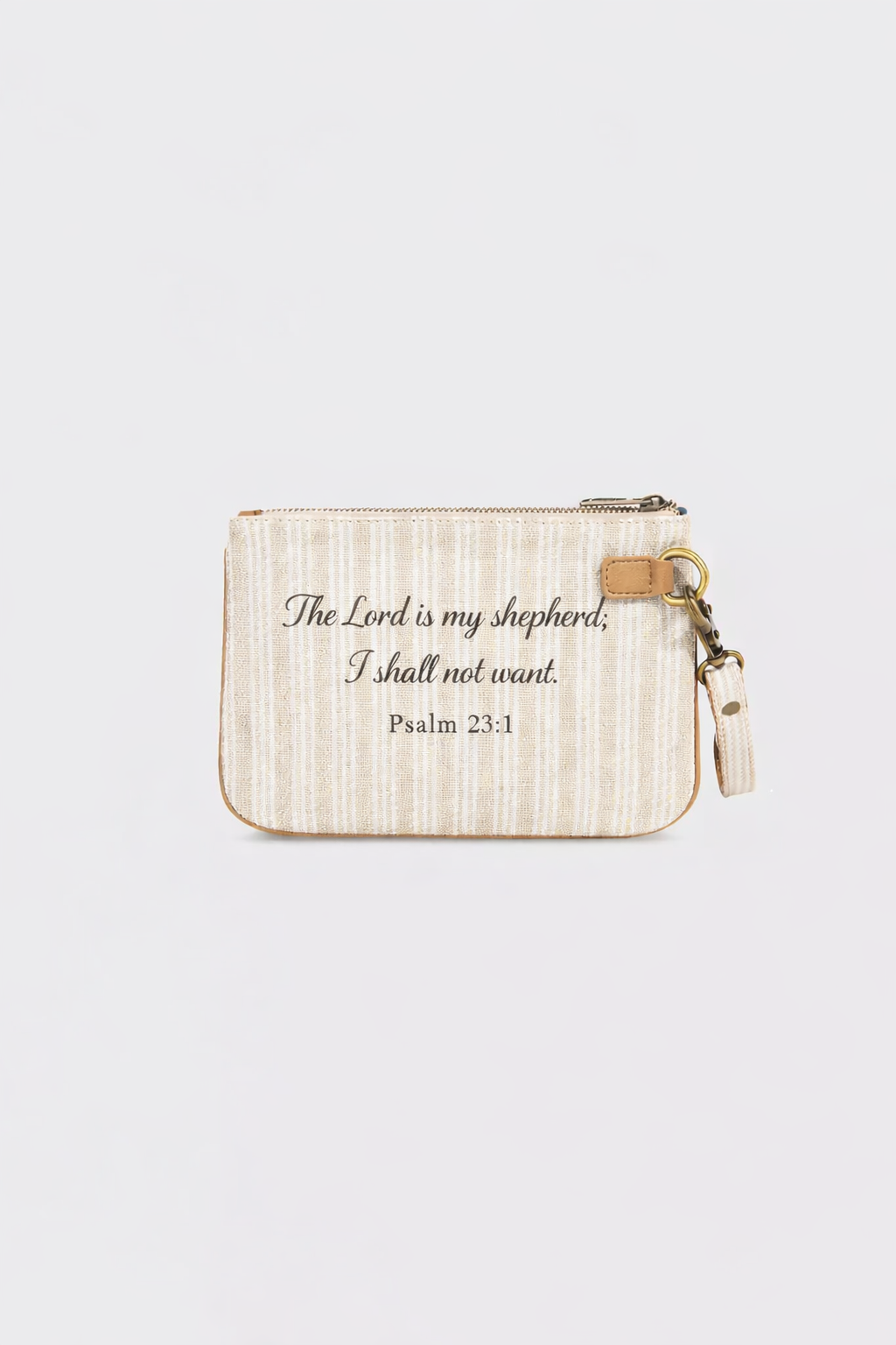 a cream-and-beige-patterned coin purse featuring a bible verse that reads "The Lord is my shepherd; I shall not want. Psalm 23:1" the customer has the option to choose any bible verse that speaks to them