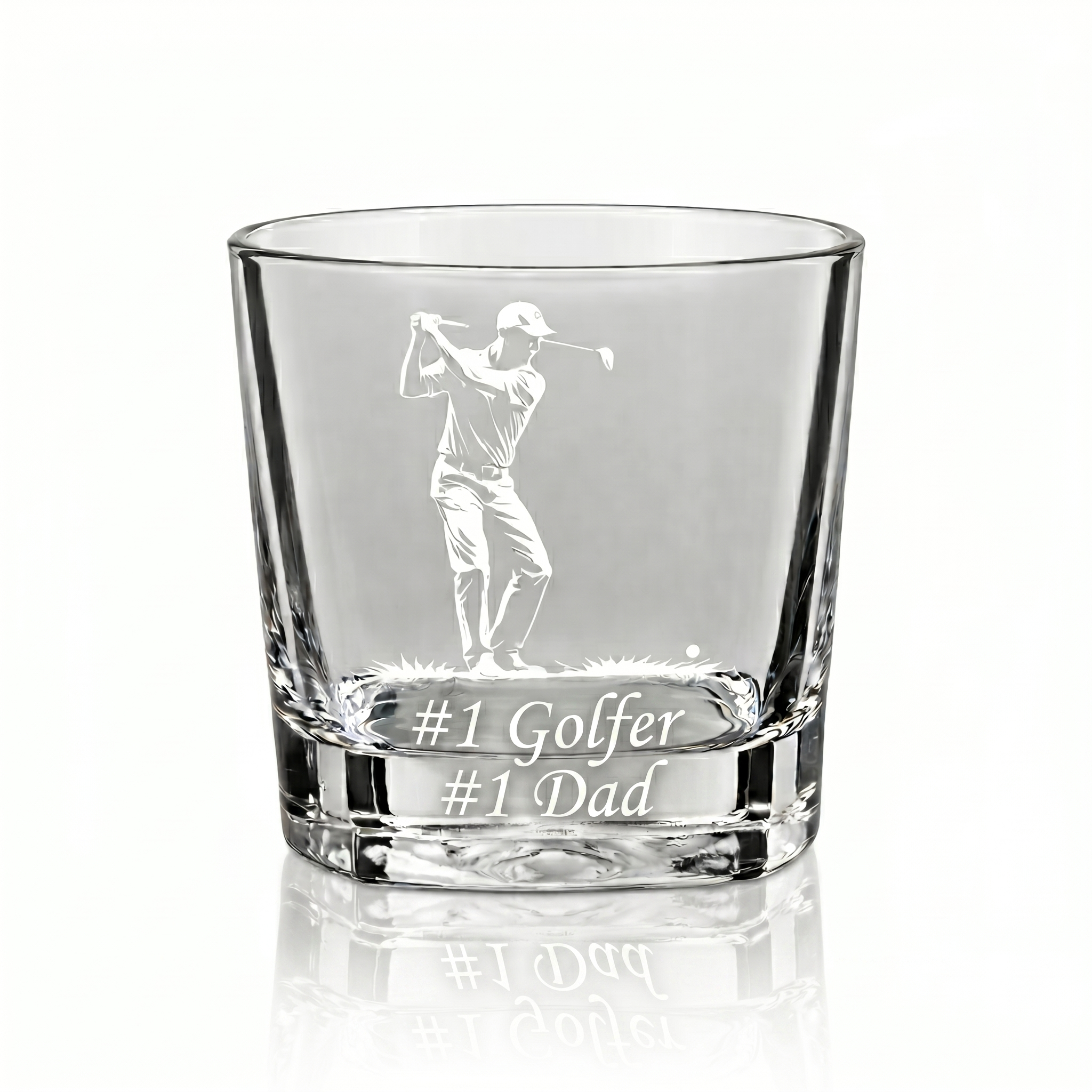 a glass decanter engraved with a photo of a golfer mid-swing, and the custom text "#1 golfer, #1 dad"