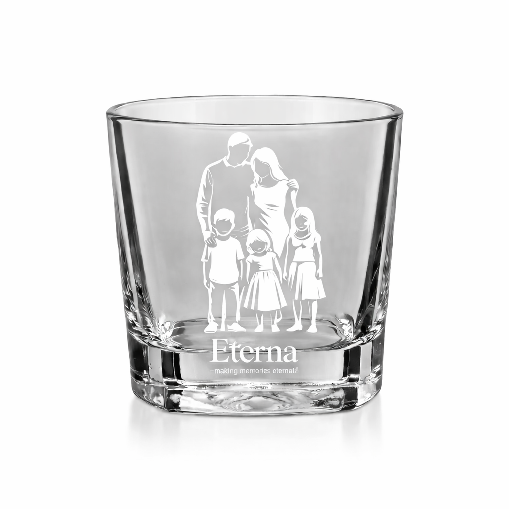 a short glass featuring an image etching of a family with small children