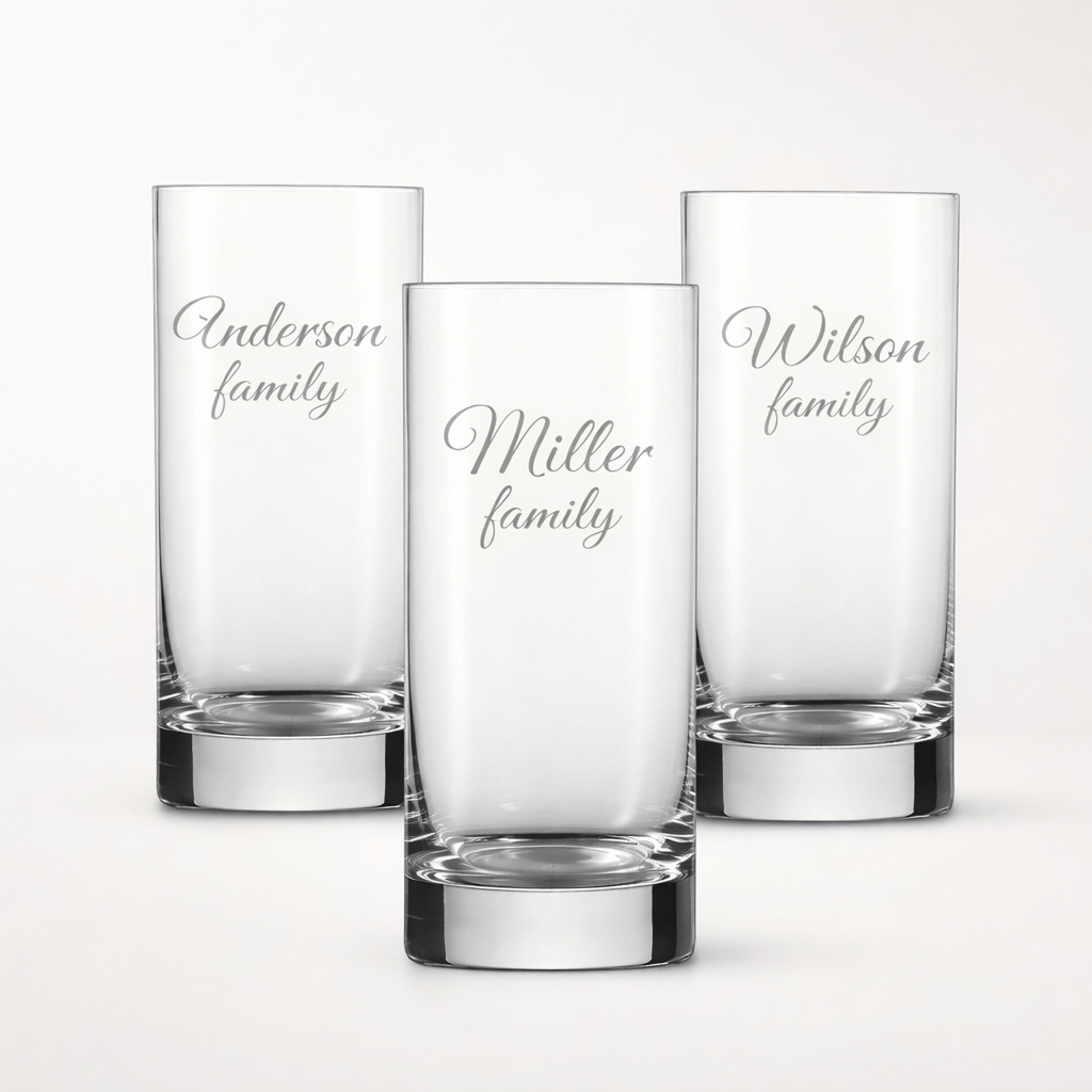 three glass cups with text etchings, "miller family"