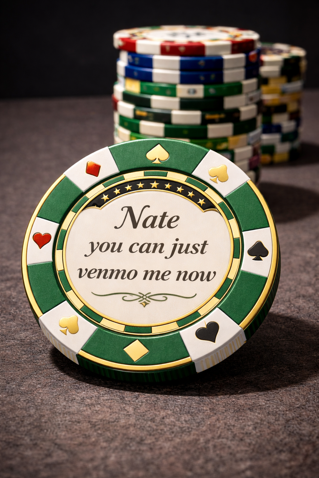 green poker chip with custom text and more chips of various colors in the background