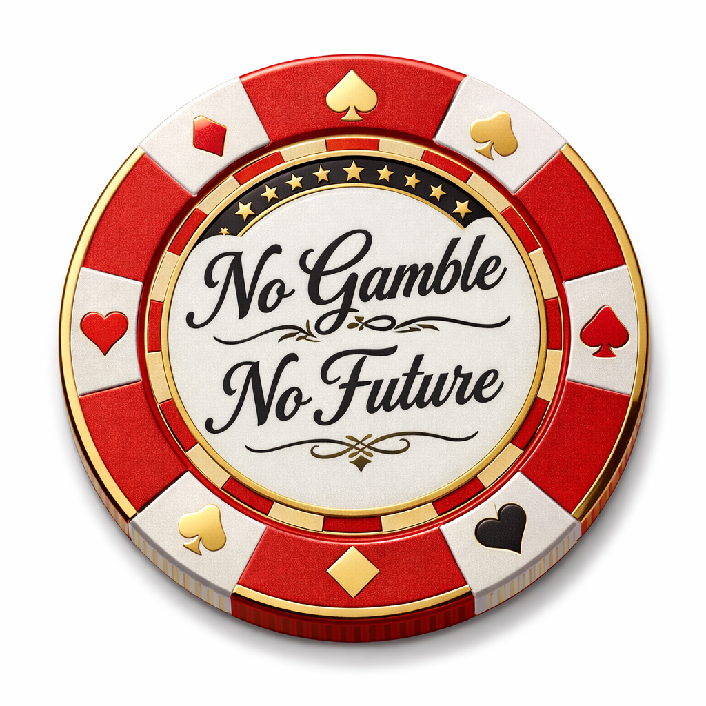 a red poker chip with custom text "no gamble no future"