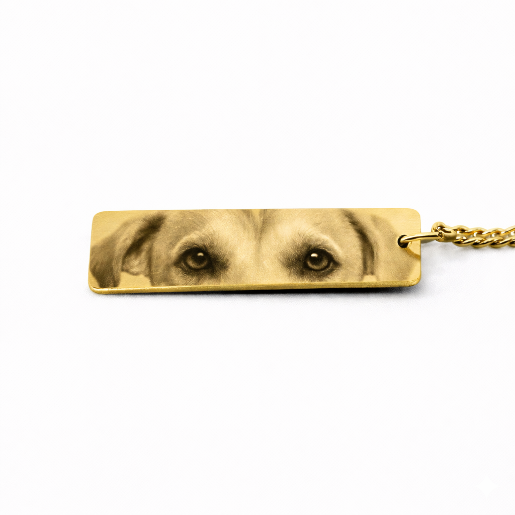 a gold keychain pendant featuring the eyes of an adult retriever