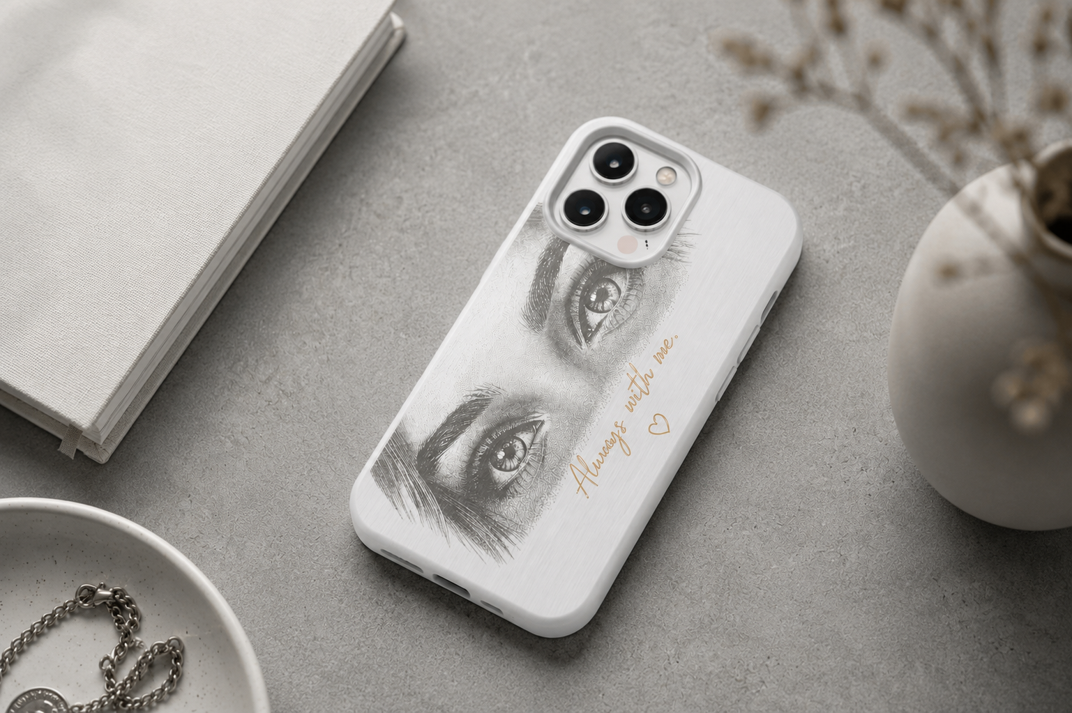 a white iphone with case featuring an image of a woman's eyes, resting on a slate surface