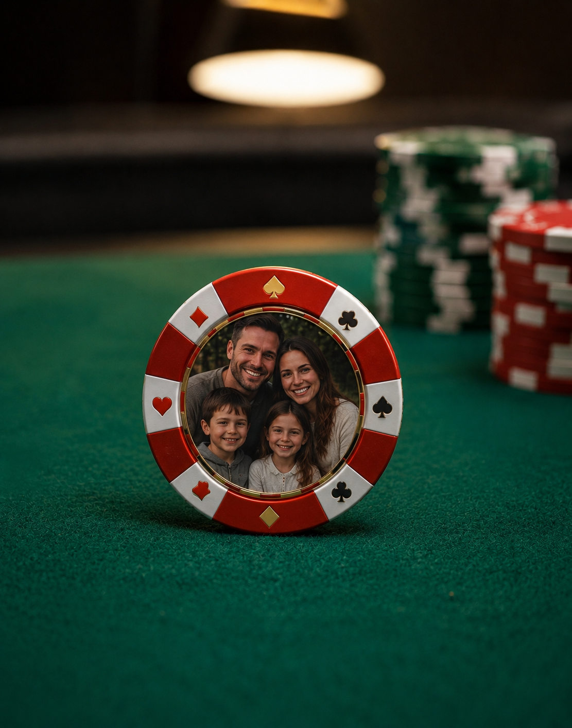 a family photo printed on a poker chip, on a green felt table