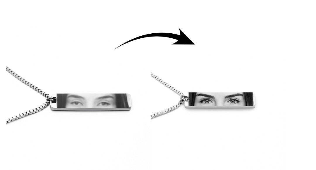 a before and after showing a blurry image printed onto a pendant vs a sharp high contrast one