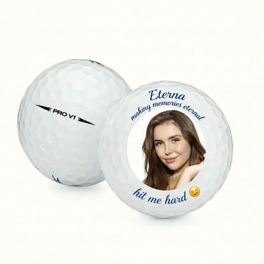 a golf ball with a photo of a young woman and custom text printed on it
