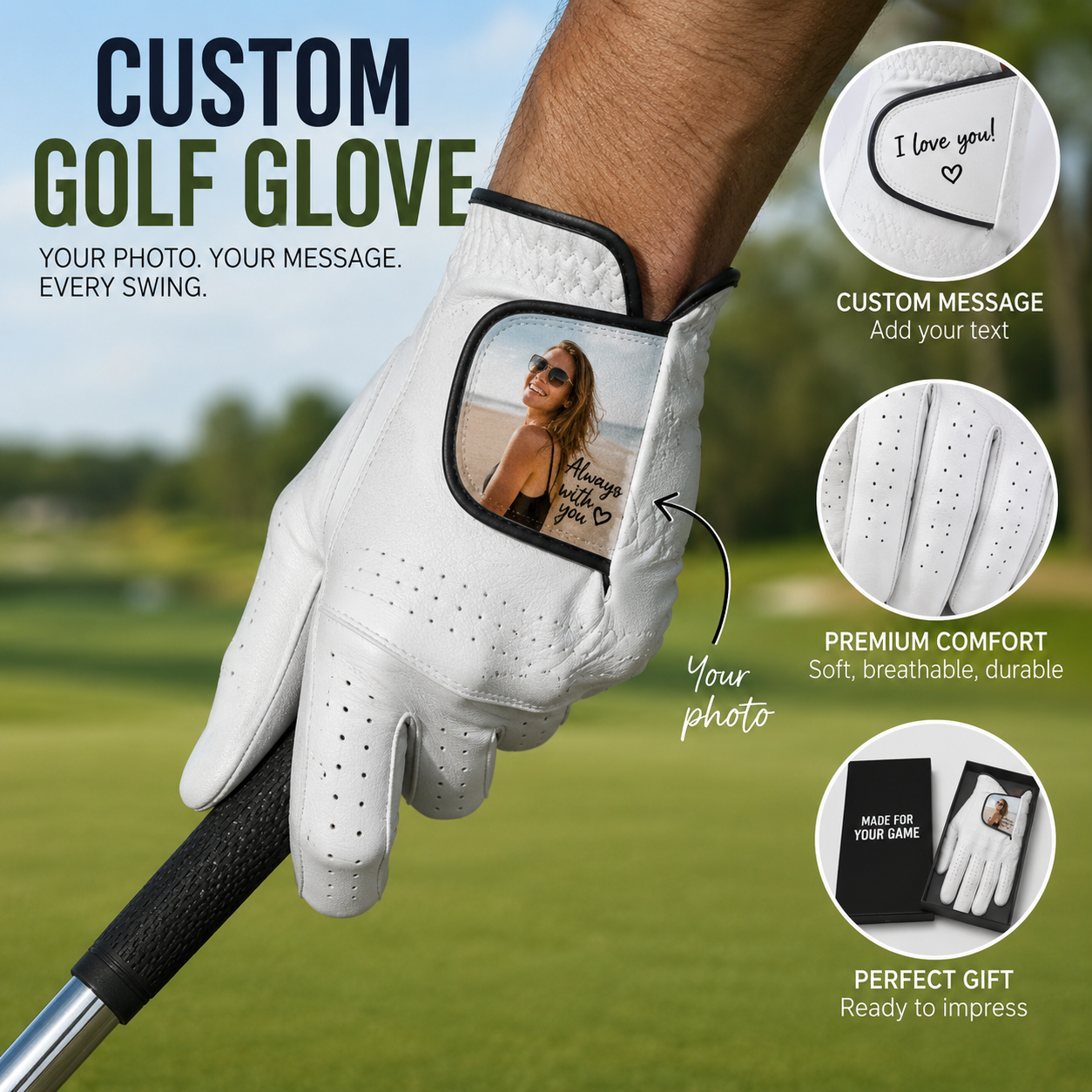 a close-up on a golf club featuring the image of a woman printed on the wrist strap. also available with custom text.