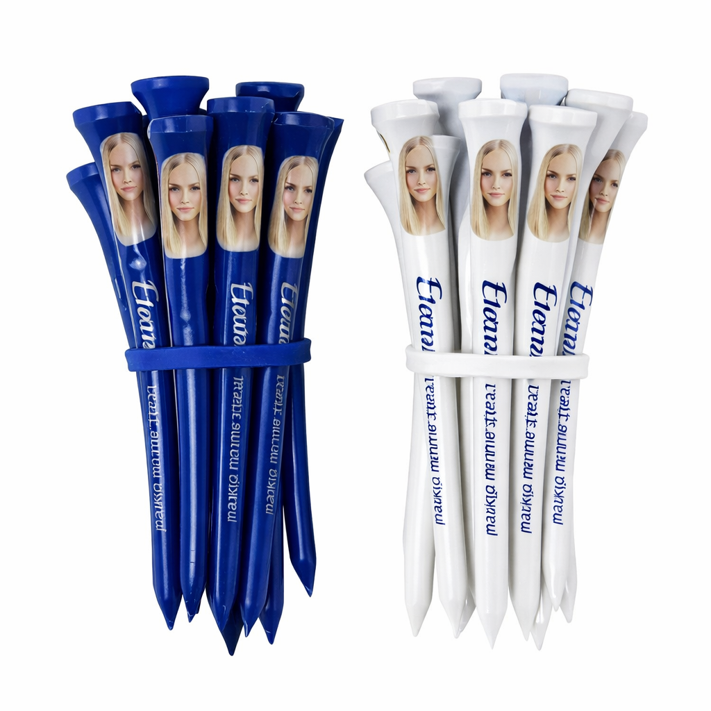 golf tees with a photo of a young woman at the top, Eterna Customs' logo in the middle, and custom text at the bottom