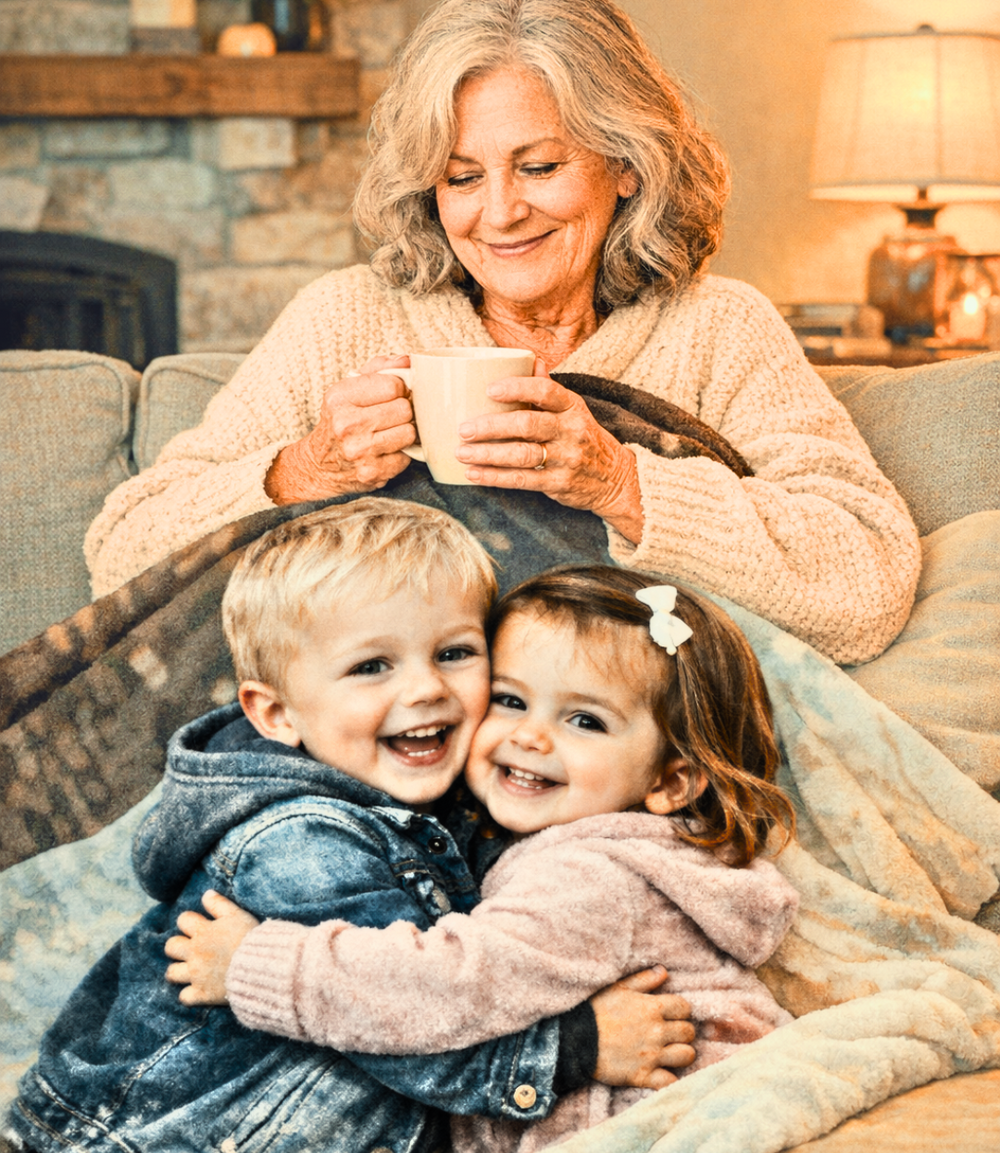 an elderly woman enjoying a mug of coffee cozied up on the couch with a blanket that's been customized with a photo of her grandkids