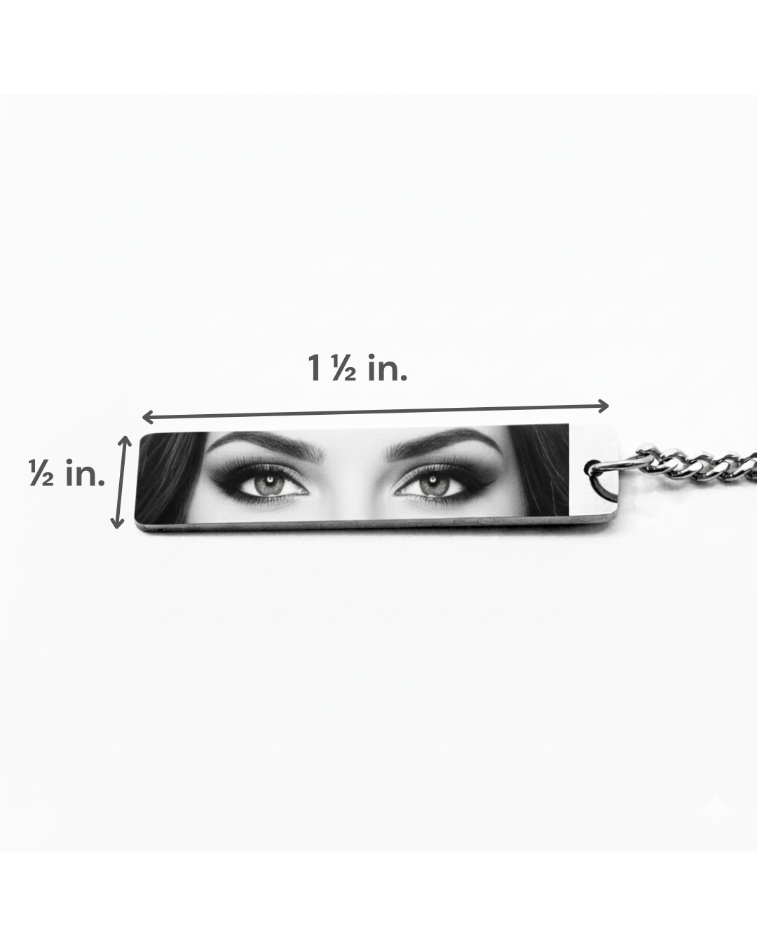 one half inch by one and one half inch measurement; eternal eyes keychain