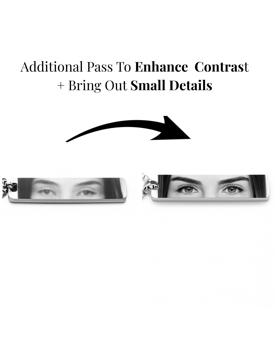 a before and after showing a blurry image printed onto a pendant vs a sharp high contrast one